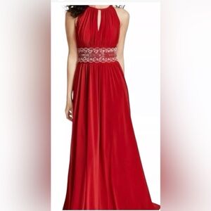 R&M Richards Beaded Waist Maxi Gown Dress Beautiful RED Petites Size 4P
